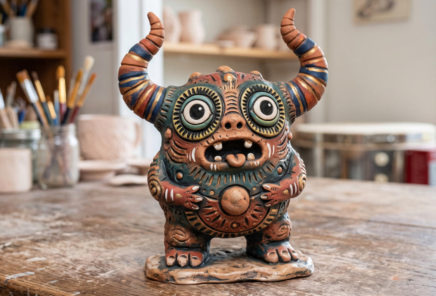 La bestia: Figura Vatakon Modelado a mano en barro cocido, este monstruo artesanal destaca por sus grandes ojos expresivos y un imponente par de cuernos estriados. Su cuerpo, decorado con patrones geométricos en tonos óxido, verdes y detalles dorados, combina una textura primitiva